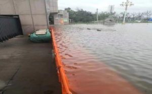 Municipal flood protection barriers installed along city street