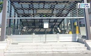 Flood defense barrier safeguarding critical data center infrastructure from rising floodwater